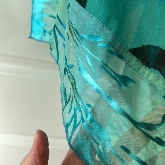 Hand-Painted Signed Open-Front Silk Kimono w Sheer Border Blue Green - Picture 8 of 12